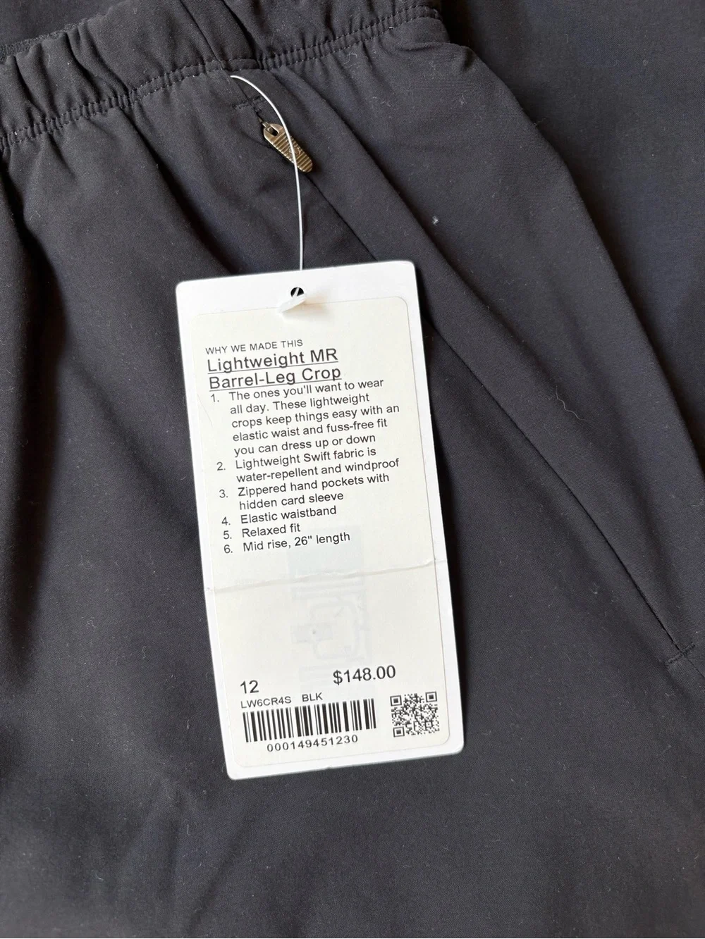 NWT Lululemon Lightweight MR Barrel Leg Cropped Black Pants Women’s 12